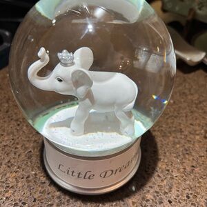 Pottery Barn elephant, musical snow globe